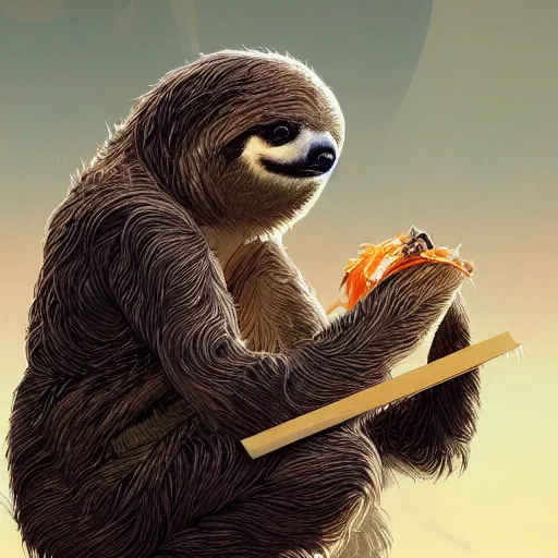 Image similar to detailed science - fiction character portrait of a sloth eating sushi, intricate, wild, highly detailed, digital painting, artstation, concept art, smooth, sharp focus, illustration, art by artgerm and greg rutkowski and alphonse mucha