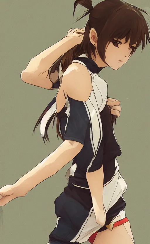 Image similar to a girl running, sport clothing, number tag, anime style, short hair, hair down, shoulder eyes, symmetrical facial features, from arknights, hyper realistic, 4 k, rule of thirds, extreme detail, detailed drawing, trending artstation, hd, d & d, realistic lighting, by alphonse mucha, greg rutkowski, sharp focus, backlit