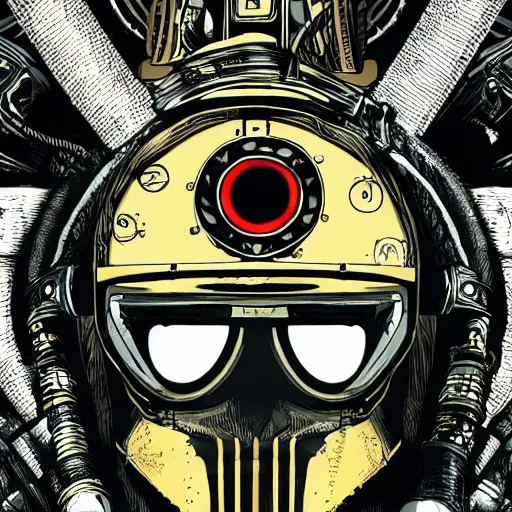 Image similar to Illustrated by Shepard Fairey and H.R. Geiger | Steampunk Mad Max with VR helmet, surrounded by cables