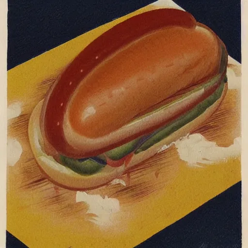 Prompt: high quality vintage brush painting of hot dog and coke by isami kondo