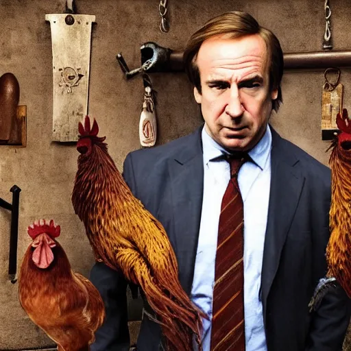 Image similar to saul goodman and a rooster in a medieval torture chamber, saw blades and knives in the background, horror movie, saul goodman, rooster!!!!!, real life photo, detailed face