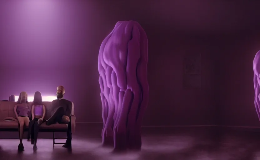 Image similar to cinestill of a giant hand made of purple wax float through the living room film still from the movie directed by denis villeneuve with art direction, pouring rain menacing lights shadows, 8 k, hd, high resolution, 3 5 mm, f / 3 2, ultra realistic faces, ex machina