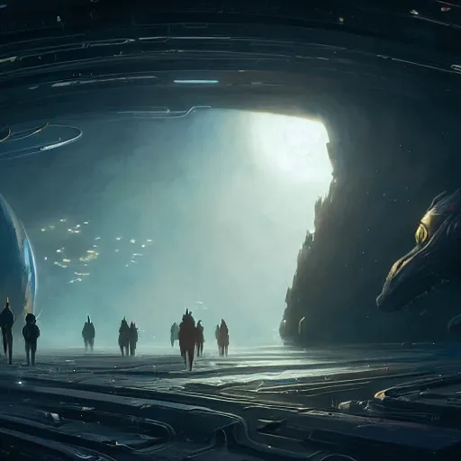 Prompt: comunity of people gathering to enter a multiple spaceships, stephen bliss, misty, unreal engine, pixar, fantasy art by greg rutkowski, loish, ferdinand knab, and lois van rossdraws, global illumination, radiant light, minimalist, detailed and intricate environment