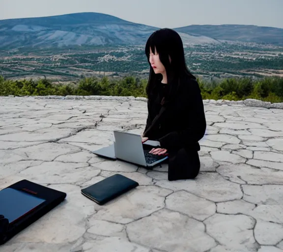 Prompt: Lee Jin-Eun hacking a laptop at Pamukkale by Martine Johanna, rule of thirds, seductive look, beautiful