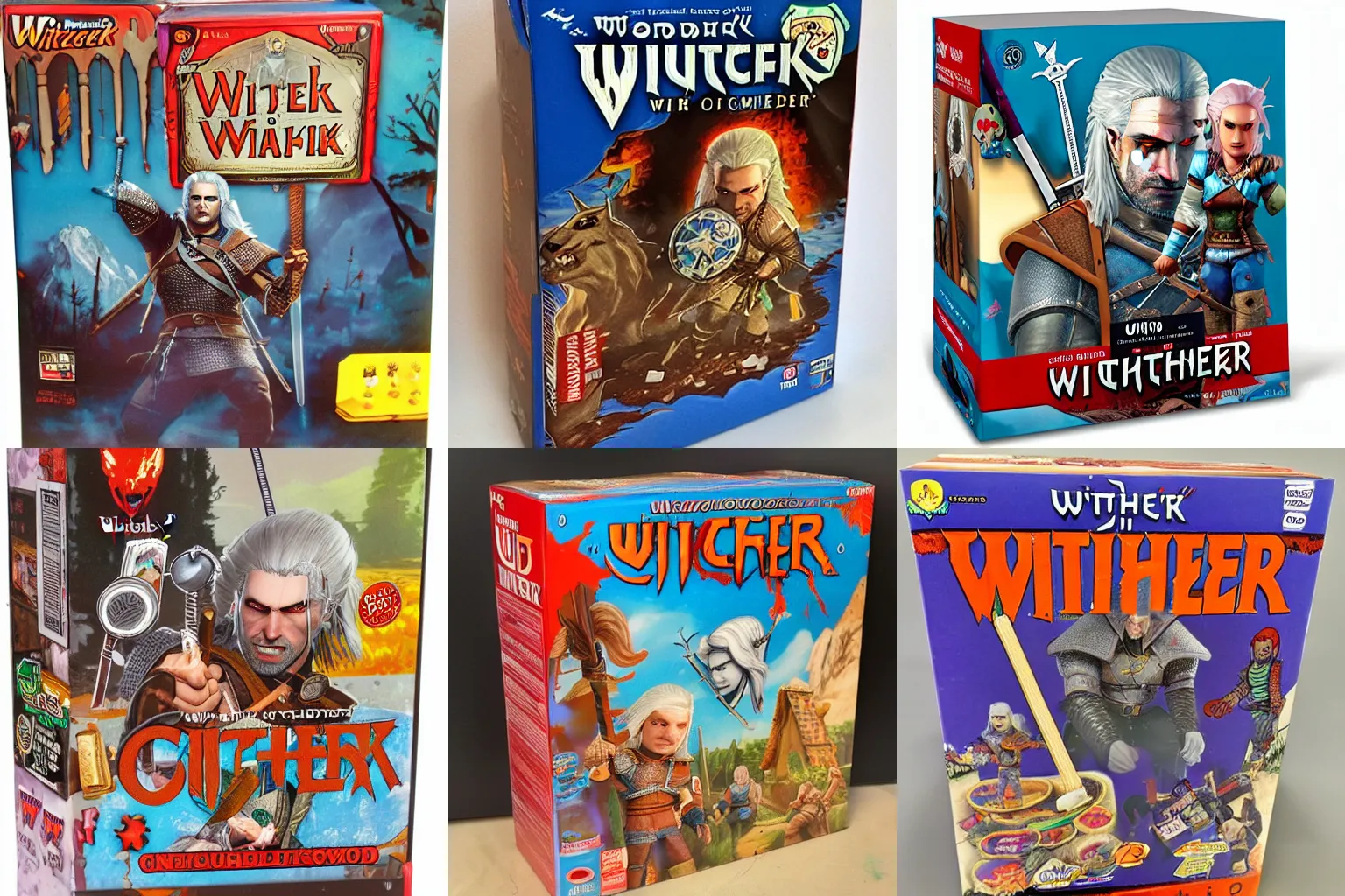 Prompt: Unopened box of The Witcher kid's cereal with marshmallows from the 1980s, highly detailed