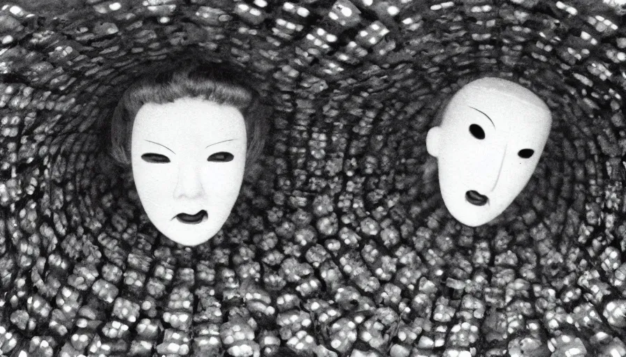 Prompt: 50s movie still close-up portrait of a white female japanese phantom with a trypophobia head in a liminal space style tunnel, early black and white 8mm, heavy grain, low quality,