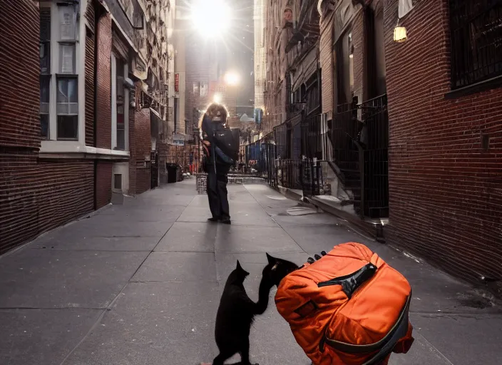 Image similar to photography of a Cat being carried in a backpack . in a new york street. award winning photo, led lighting, night, 130mm, sharp, high res