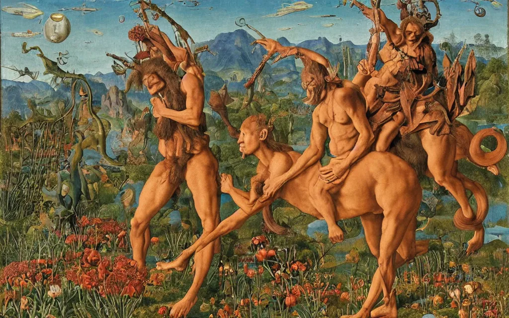 Image similar to a portrait photograph of a meditating satyr and a centaur monk riding a rocket machine and hunting at a river delta. surrounded by bulbous flowers and trees. mountain range under a blue sky of fiery stars. by jan van eyck, max ernst, ernst haeckel, ernst fuchs and artgerm, cgsociety, fashion editorial, 8 k