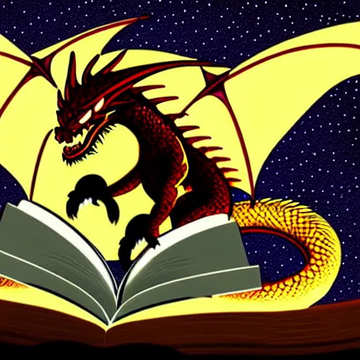 Prompt: dragon reading a book underneath the stars, digital art, beautiful, detailed, vivid