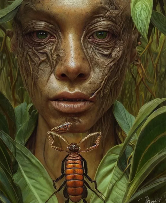 Image similar to intricate earth - toned portrait of a disturbing alien insect creature, mottling coloring, adorable, childlike, overgrown jungle environment, ultra realistic, concept art, maximalist, photorealistic, octane render, 8 k, unreal engine. art by christopher marley and artgerm and greg rutkowski and alphonse mucha