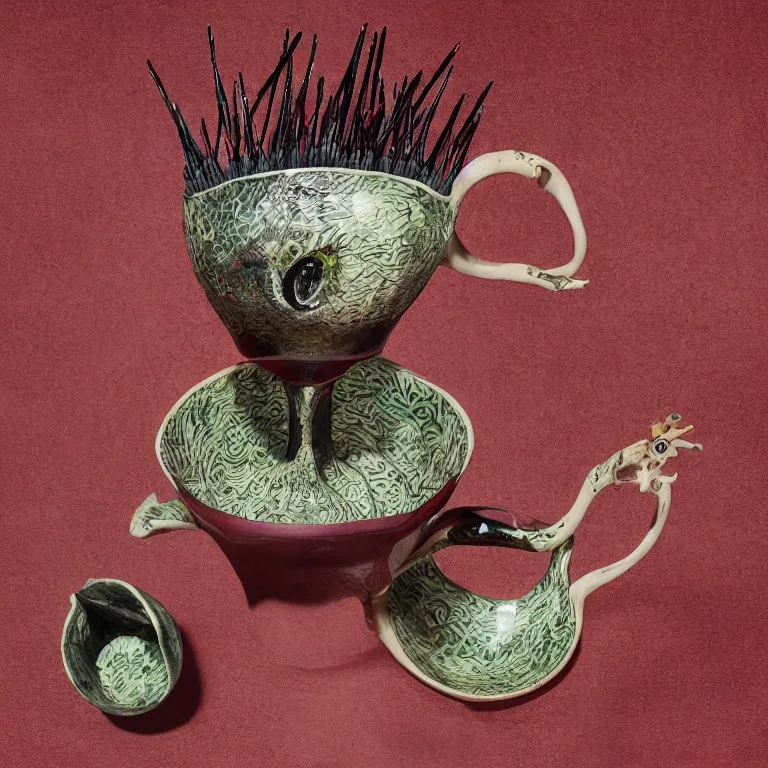 Prompt: Studio Photograph of Beautiful Handmade Teacup with a bone handle intricately carved with Lizard Eyes and painted with the image of Hungry Lizards by Paul Klee By Hans Bellmer by Georges Braque and covered with hairlike spikes, Oxblood glaze Bright Intense Colors shocking detail hyperrealistic trending on artstation