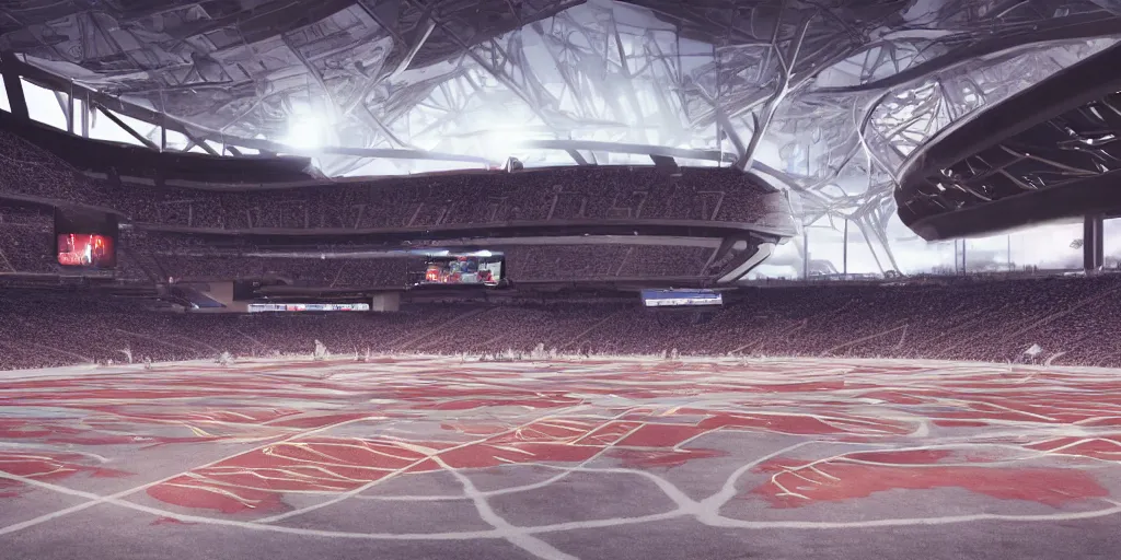 Image similar to ”futuristic american football played on a metallic arena with a chrome ball, [scifi, sports, retrofuturistic, ramps, painted lines on the floor, octane render, realistic, violent, detailed, photography]”