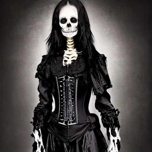 Image similar to a portrait of a scrawny teenage girl with short black hair and black irises. black and white skull facepaint. pointed face. black robes, corset of rib bones, femme-androgynous. surrounded by skeletons. holding a skull. black white and light blue color scheme, oil painting, matte painting, black background, Highly Detailed, Cinematic Lighting, Unreal Engine, 8k, HD, by Beksinski