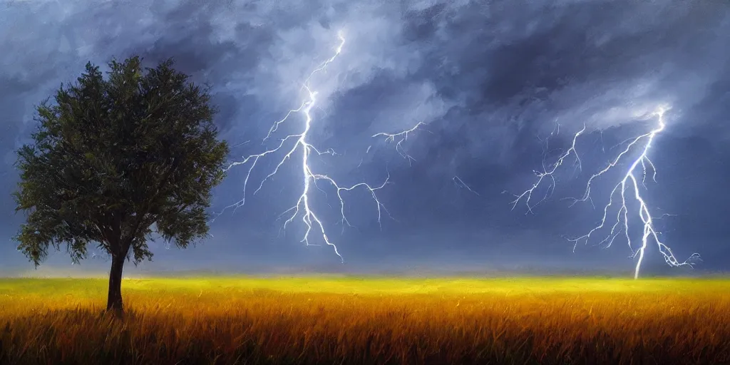 Image similar to lightning strikes a tree in the middle of a field, painting By Alena Aenami,