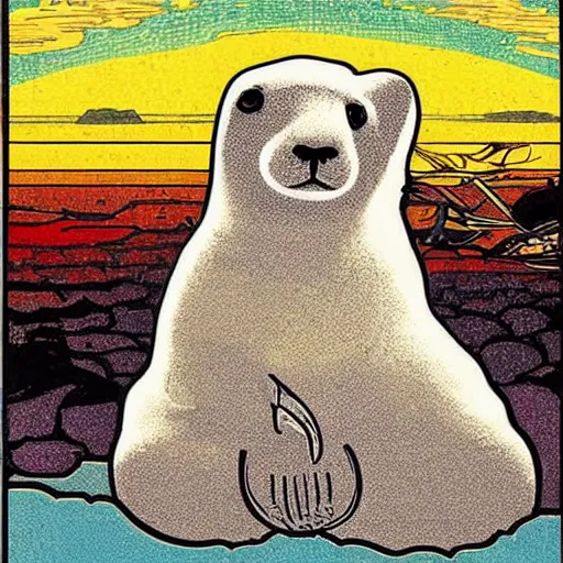 Image similar to baby harp seal sakura sunset illustration, pop art, splash painting, art by geof darrow, ashley wood, alphonse mucha