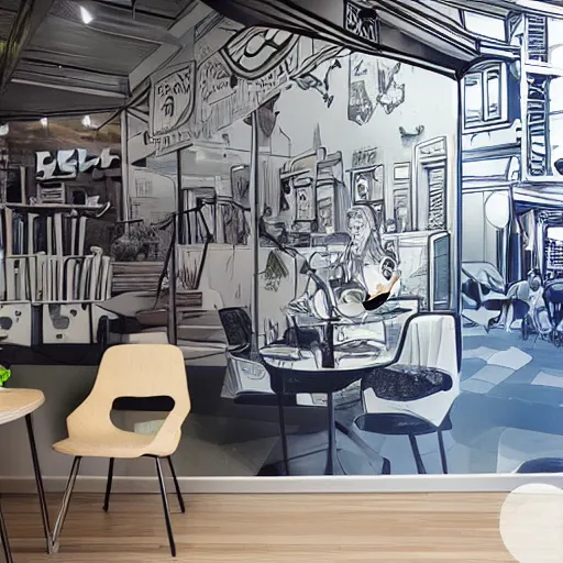 Image similar to artstation office mural for cafe - w 1 0 2 4