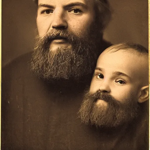 Image similar to portrait, face, symmetrical, left half old bearded man, right half young boy