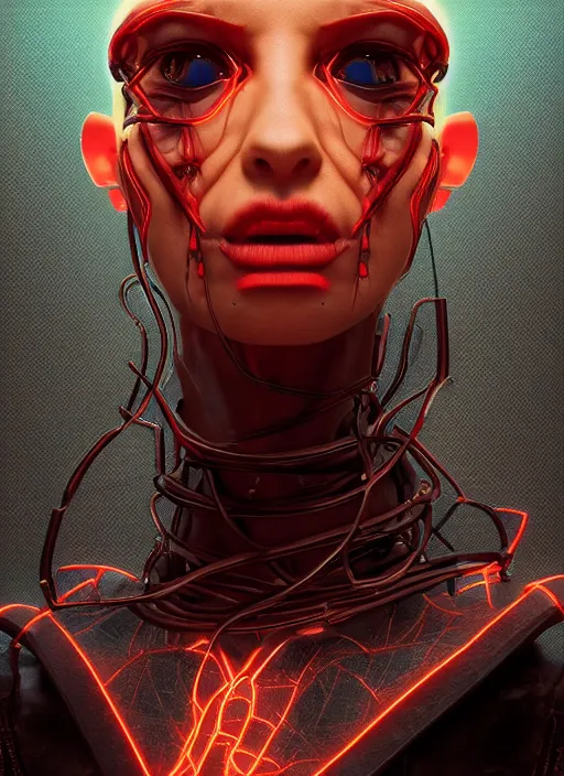 Prompt: biblical daemonic stylish cyberpunk android, glowing veins, rule of thirds, studio portrait by greg hildebrandt, studio lighting, muted colors, by terry richardson, by leonardo davinci, by beeple, ultrarelistic, extreme detail, caustics, trending on artstation, 8 k, octane renderer, rtx on