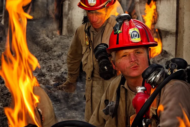 Image similar to closeup potrait firefighters lighting fires, natural light, sharp, detailed face, magazine, press, photo, Steve McCurry, David Lazar, Canon, Nikon, focus