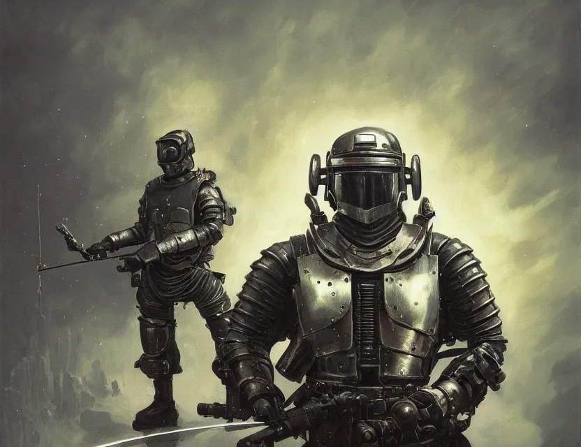 Image similar to a detailed portrait painting of a bounty hunter wearing combat armour and a reflective visor. Dieselpunk. Movie scene, cinematic sci-fi scene. Flight suit, cloth and metal, accurate anatomy. Samurai influence, knight influence. fencing armour. portrait symmetrical and science fiction theme with lightning, aurora lighting. clouds and stars. Futurism by moebius beksinski carl spitzweg moebius and tuomas korpi. baroque elements. baroque element. intricate artwork by caravaggio. Oil painting. Trending on artstation. 8k