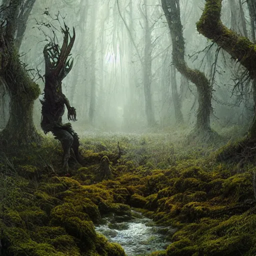 Image similar to a beautiful terrifying monster made out of moss and flowers, emerging from the undergrowth. ethereal horror fantasy art by greg rutkowski