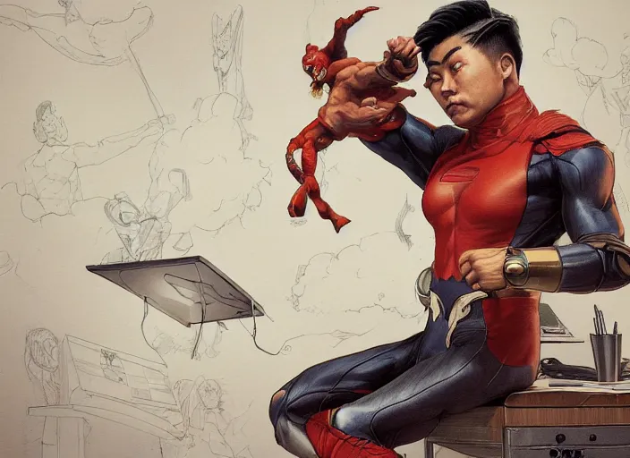 Image similar to an insanely detailed painting of an asian man wearing a homemade superhero costume, sitting at a desk, staring seriously at the computer and typing, in the style of peter mohrbacher, james jean, artgerm, dramatic lighting and composition, surreal background, octane render, pixar, trending on artstation, concept art, comic book, view from behind, 8 k