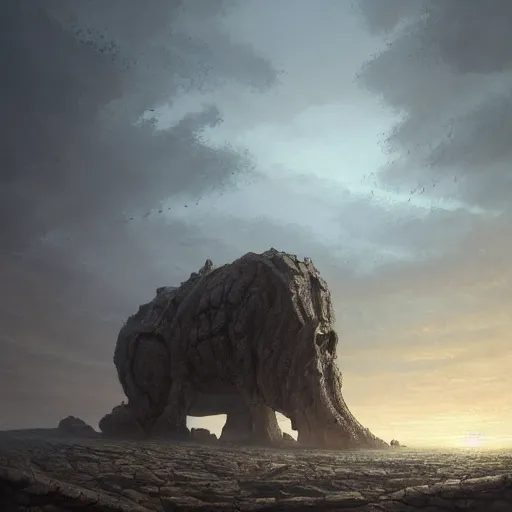 Prompt: crumbling skull of a colossal ancient beast laying in a dried ocean, by Andreas Rocha + Ted Nasmith, dark, epic, masterpiece, highly detailed, 8k resolution, trending on art station