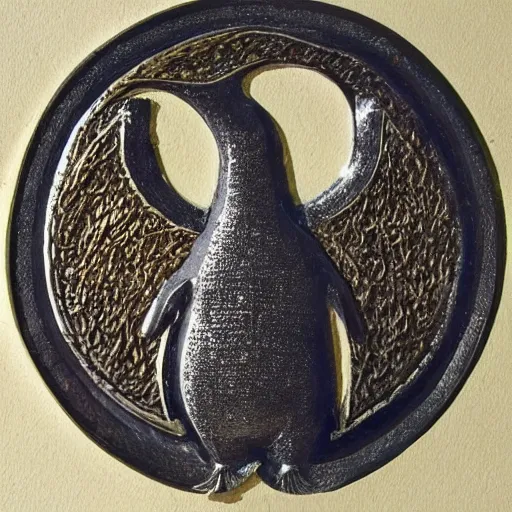 Prompt: Metalwork of a penguim, medieval art, fragmented metal medieval sculpture of a penguim