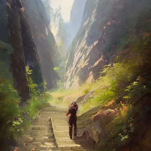 Image similar to Time to climb the mountain path, an expressive oil painting by Ross Tran, John Harris, Krenz Cushart