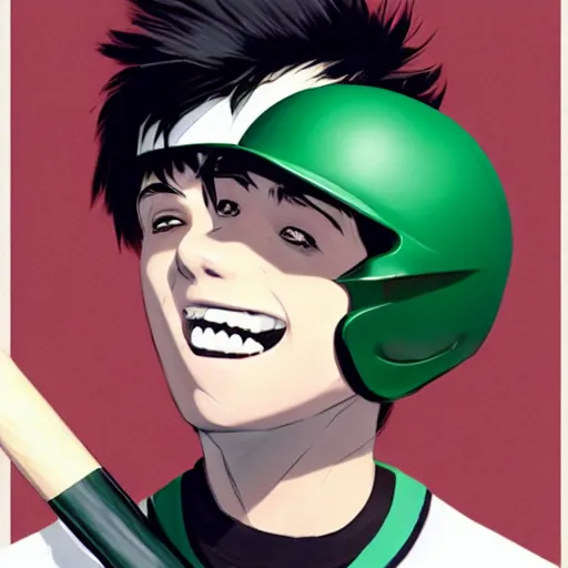 Image similar to a teen boy with black hair and green eyes in a baseball uniform clutching a baseball bat while smiling. Kuvshinov ilya. Geoffroy Thoorens.