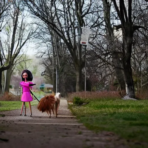 Image similar to barbie walking her dog in an abandoned amusement park