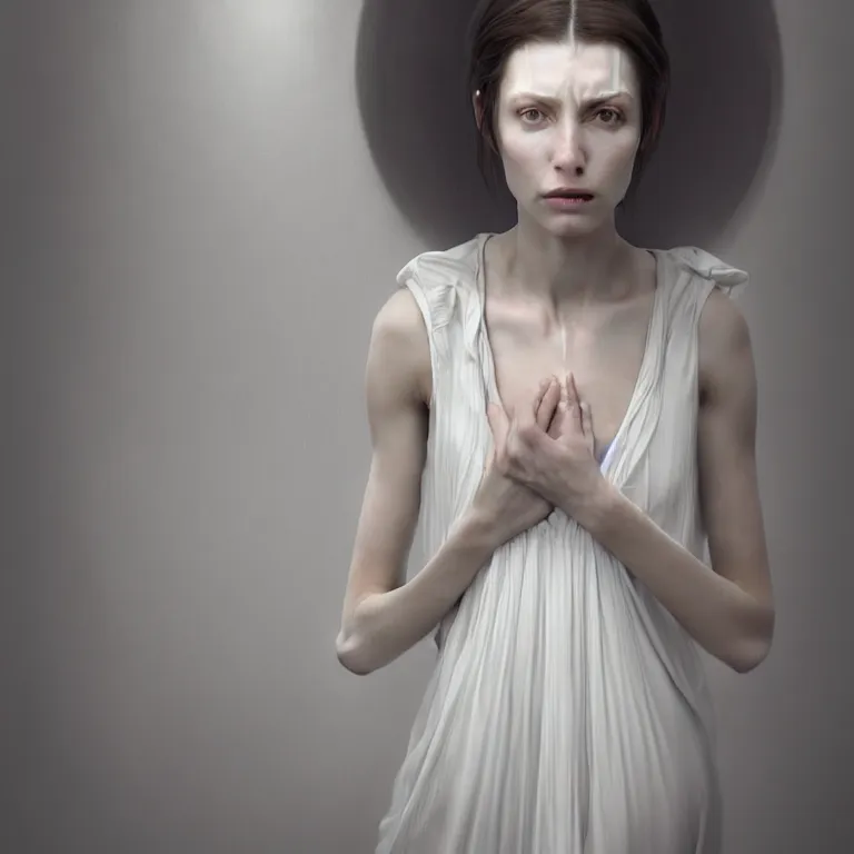 Image similar to a wonderful realistic portrait of a lonely woman with a detailed wonderful symmetrical face who is dressed with a wonderful, majestic, large semi transparent white cotton dress ornate accent white lighting, dramatic light, octane render by roberto ferri, fantasy art, photo realistic, dynamic lighting, unreal engine rendered, artstation, poster, dramatic light, - 8 k, award winning