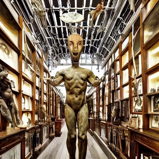 Prompt: architectural digest photo, inside a time traveler's treasure room, ancient greek sculptures, taxidermy giant standing alien bear shark creature, jesus christ in a small glass cage, ancient treasures, futuristic glowing technology, intricate beautiful shelving, mixture of ancient and futuristic