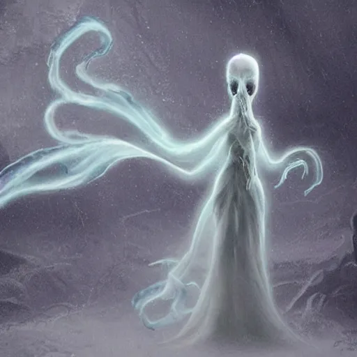 Image similar to concept designs for an ethereal ghostly wraith like figure made from wispy deep billowing smoke with a squid like parasite latched onto its head and long tentacle arms that flow lazily but gracefully at its sides like a cloak while it floats around a frozen rocky tundra in the snow searching for lost souls and that hides amongst the shadows in the trees, this character has hydrokinesis and electrokinesis for the resident evil village video game franchise with inspiration from the franchise Bloodborne and the mind flayer from stranger things on netflix in the style of a marvel comic