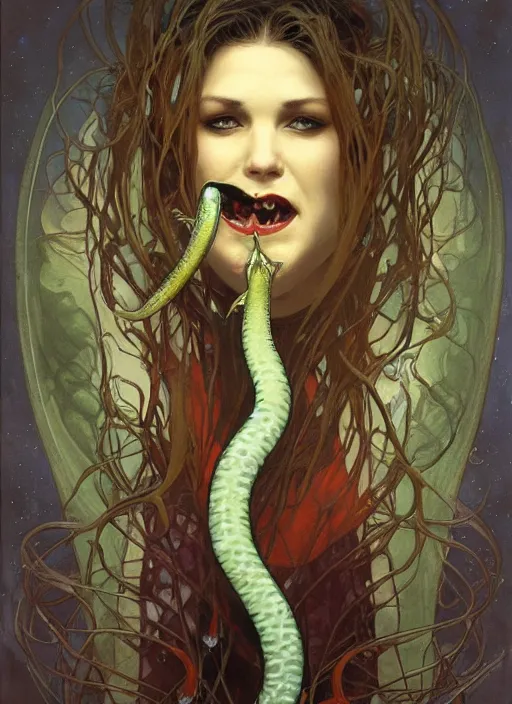 Image similar to portrait of a vampire!!!! with a sea lamprey!!!! mouth!!!, in the styles of ( national geographic ), ( ( ( ( alphonse mucha ) ) ) ), jim warren, peter mohrbacher, gerald brom, and marc simonetti, intricate, hyperrealistic, volumetric lighting