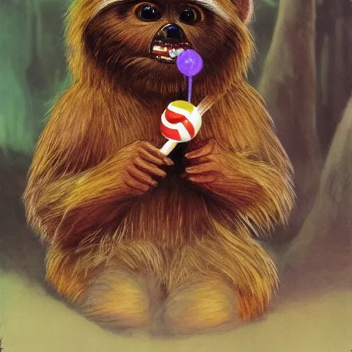 Prompt: An ewok eating a lollipop, Anime