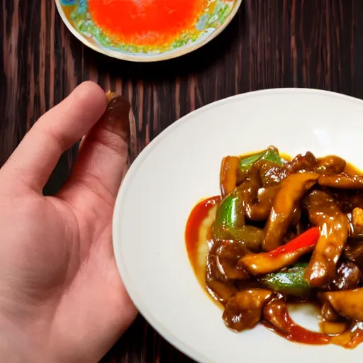 Image similar to anonymous man eats meal at home of thai sweet and sour pork stirfry