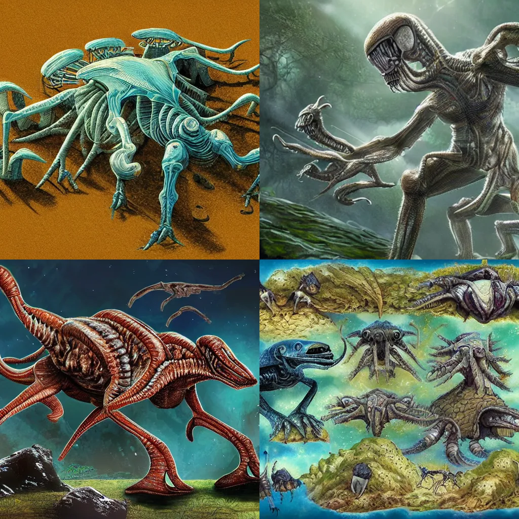 Prompt: Scientifically plausible alien land fauna, detailed