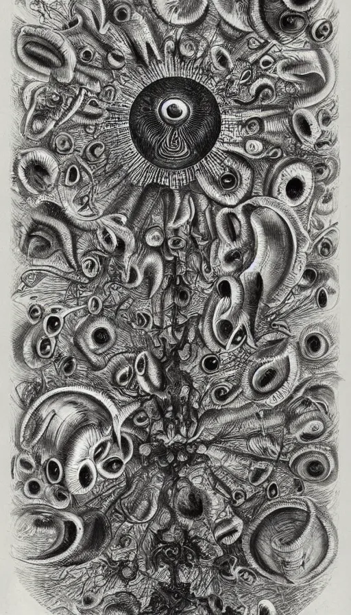 Image similar to a storm vortex made of many demonic eyes and teeth, by ernst haeckel