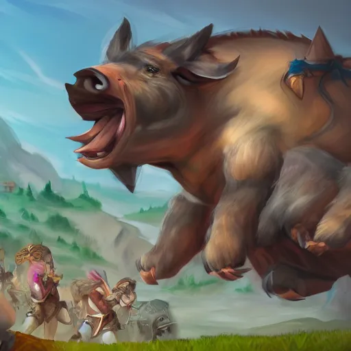 Image similar to giant boar with a happy face, destroying a town while bystanders watch, 4k, detailed, illustration, artstation - Porforever, by porforever,