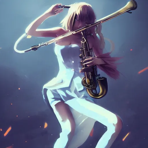 Image similar to anime girl Playing the sax instrument , digital Art, Greg rutkowski, Trending cinematographic artstation