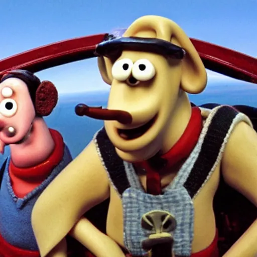 Prompt: Wallace and Gromit flying a plane