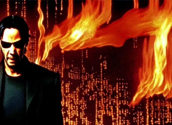 Image similar to Film still of Keanu Reeves as Neo in The Matrix movie doing a thumb up to the camera in front on burning servers, servers in flames in the background, doing a thumb up, The Matrix servers on fire, uncropped, full body, crispy, symmetrical face, ultra detailed, cinematic