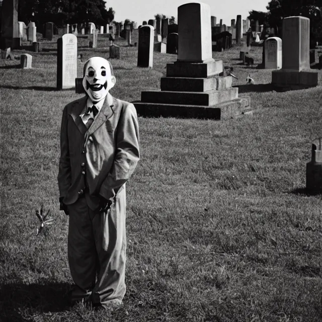 Image similar to creepy clown in a cemetary, photo by william eggelston