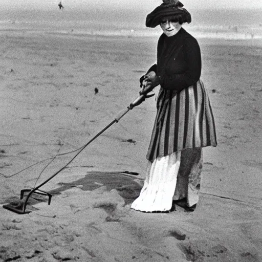 Prompt: an edwardian woman using a metal detector on the beach, black and white photograph