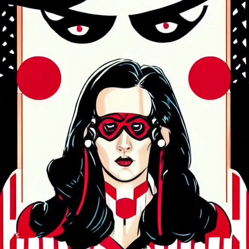 Image similar to Mike Allred comic art, stunning female Eva Green, spy, eye patch over left eye, evil smile, symmetrical face, symmetrical eyes, tailored clothing, long straight black hair, full body, Winter night