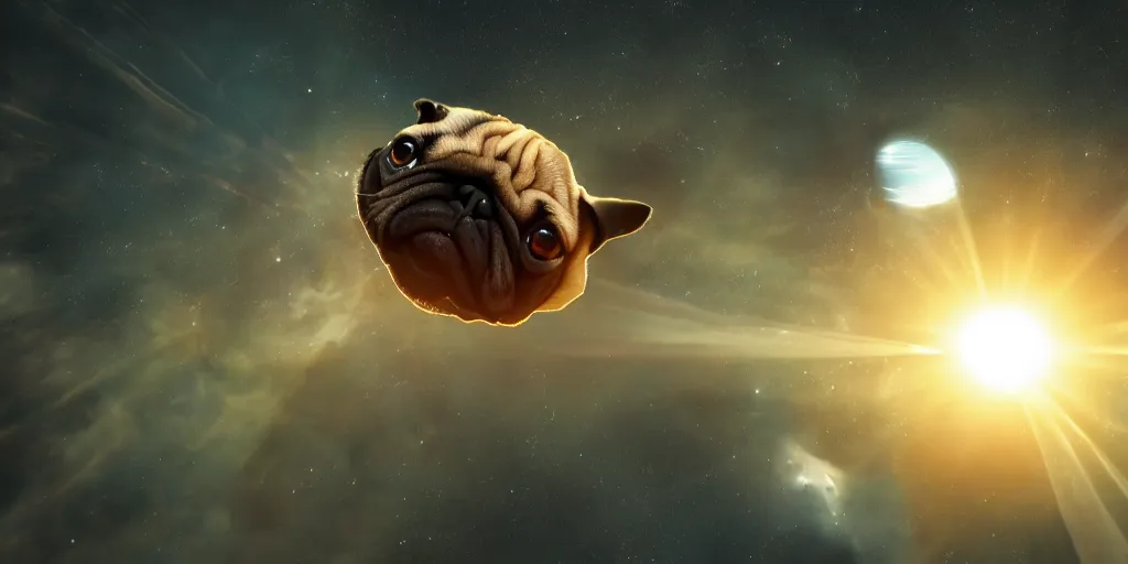 Image similar to pug orbiting the sun, still, photograph, trending on artstation, dynamic lighting, cinematic, highly detailed, sharp focus, space, universe, stars