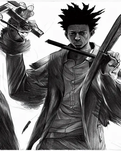 Image similar to a very detailed pencil drawing of 2 1 savage in demon slayer manga panel, action lines, greg rutkowski, in field high resolution, dynamic pose, landscape, medium portrait, action, hyper realistic, manga, koyoharu gotouge, sakuga