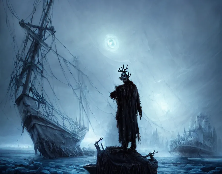 Image similar to frozen zombie man with a crown, eyes glows, broken sailing ship boat in the background, is at dawn and bluish, fantasy, intricate, elegant, highly detailed, digital painting, artstation, concept art, matte, sharp focus, illustration, art by aenaluck and roberto ferri and greg rutkowski, epic fantasy, digital painting