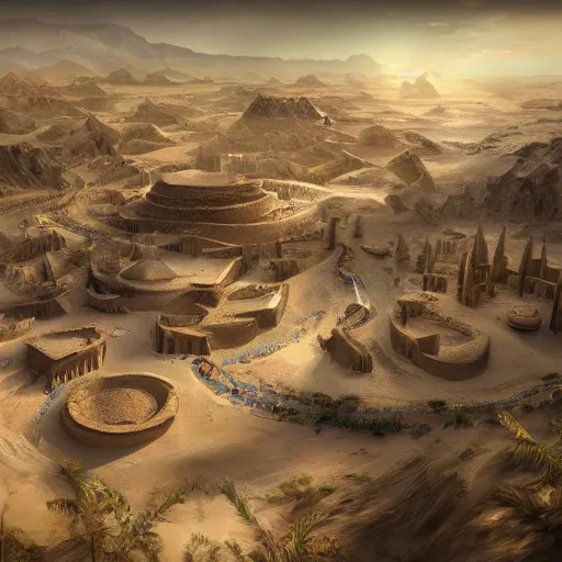 Prompt: The spiritual village of a lost civilization built near the water of a lone oasis in the center of a seemingly infinite sand desert full of tall sand dunes, concept art, game art, trending on art station